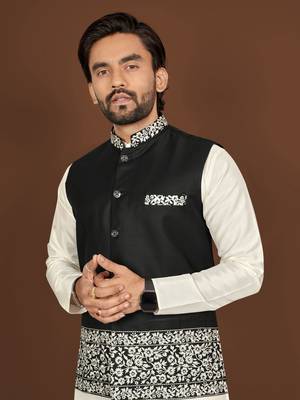 white silk kurta pyjama set with black embroidered nehru jacket 3
