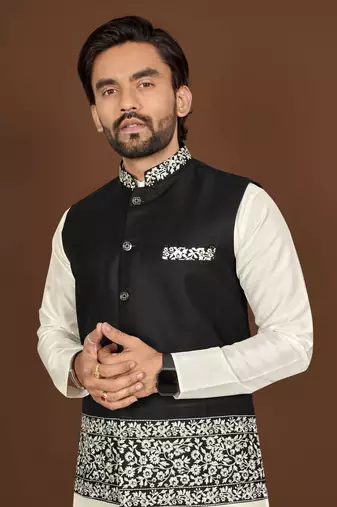 white silk kurta pyjama set with black embroidered nehru jacket