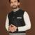 white silk kurta pyjama set with black embroidered nehru jacket