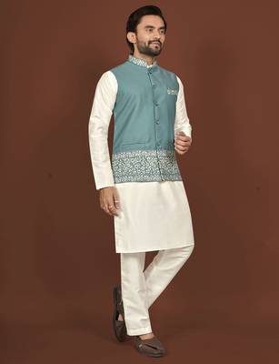 white silk kurta pyjama set with light blue embroidered nehru jacket 1