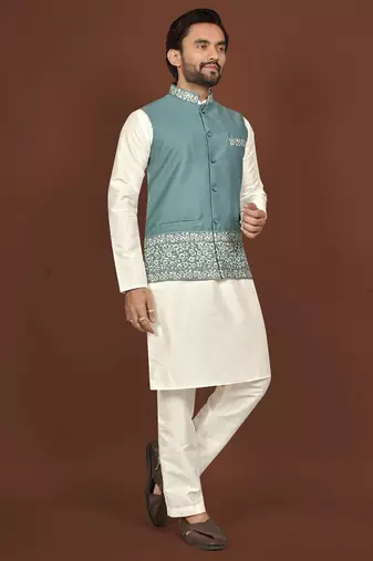 white silk kurta pyjama set with light blue embroidered nehru jacket