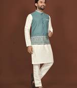 white silk kurta pyjama set with light blue embroidered nehru jacket
