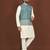 white silk kurta pyjama set with light blue embroidered nehru jacket