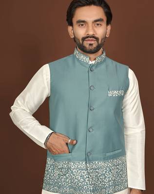 white silk kurta pyjama set with light blue embroidered nehru jacket 2