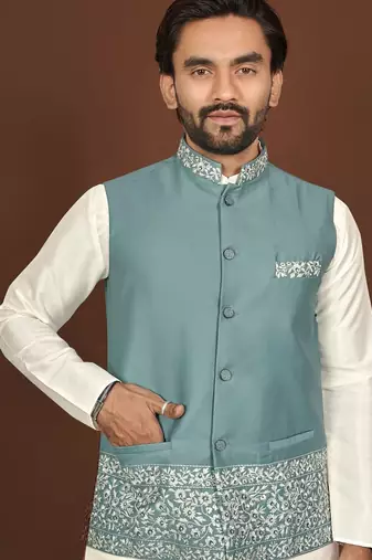 white silk kurta pyjama set with light blue embroidered nehru jacket