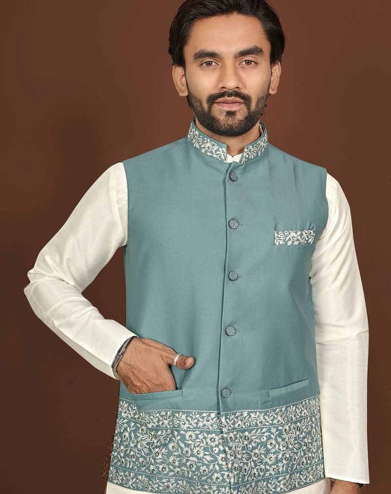 white silk kurta pyjama set with light blue embroidered nehru jacket