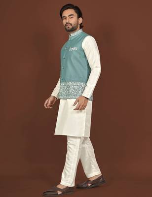 white silk kurta pyjama set with light blue embroidered nehru jacket 3
