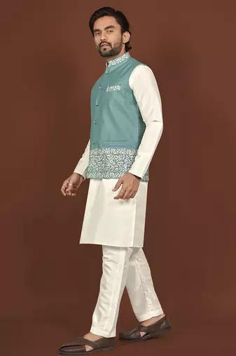 white silk kurta pyjama set with light blue embroidered nehru jacket