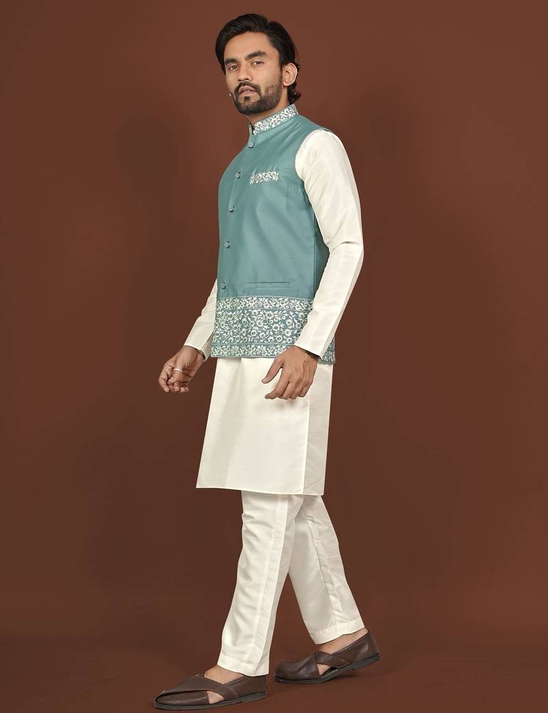 white silk kurta pyjama set with light blue embroidered nehru jacket