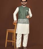 white silk kurta pyjama set with olive green embroidered nehru jacket
