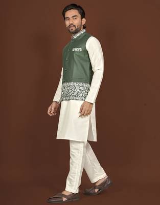 white silk kurta pyjama set with olive green embroidered nehru jacket
 2