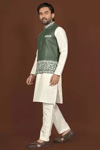 white silk kurta pyjama set with olive green embroidered nehru jacket