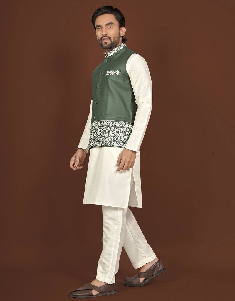 white silk kurta pyjama set with olive green embroidered nehru jacket