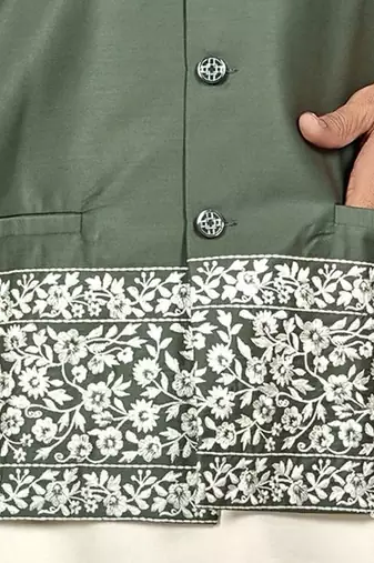 white silk kurta pyjama set with olive green embroidered nehru jacket
