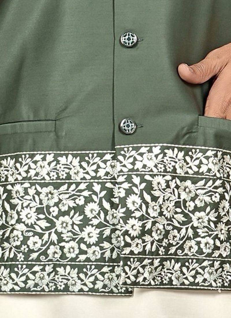 white silk kurta pyjama set with olive green embroidered nehru jacket