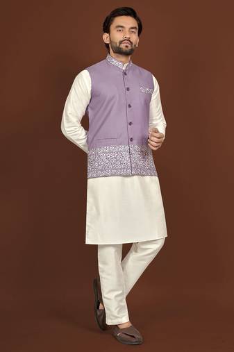 white silk kurta pyjama set with purple embroidered nehru jacket