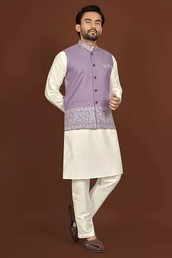 white silk kurta pyjama set with purple embroidered nehru jacket