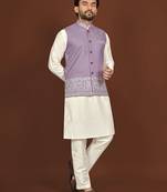 white silk kurta pyjama set with purple embroidered nehru jacket