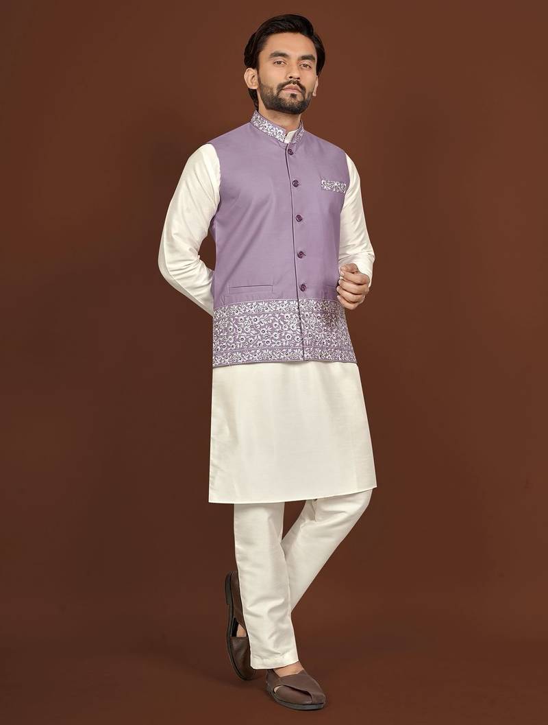white silk kurta pyjama set with purple embroidered nehru jacket