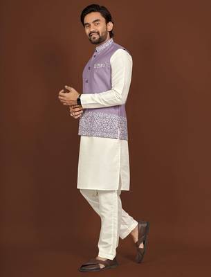 white silk kurta pyjama set with purple embroidered nehru jacket 2