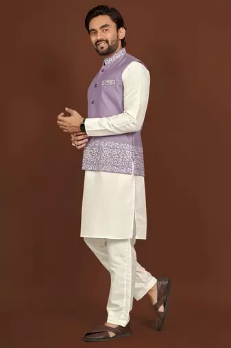 white silk kurta pyjama set with purple embroidered nehru jacket