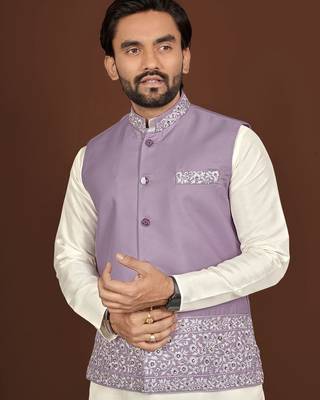 white silk kurta pyjama set with purple embroidered nehru jacket 3