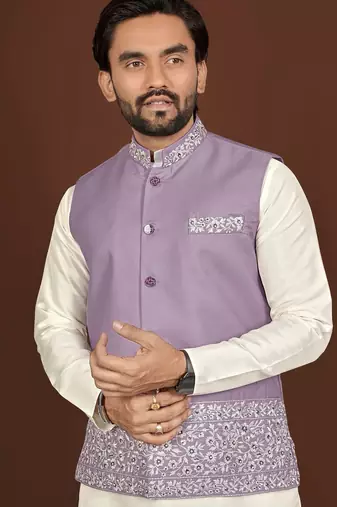 white silk kurta pyjama set with purple embroidered nehru jacket
