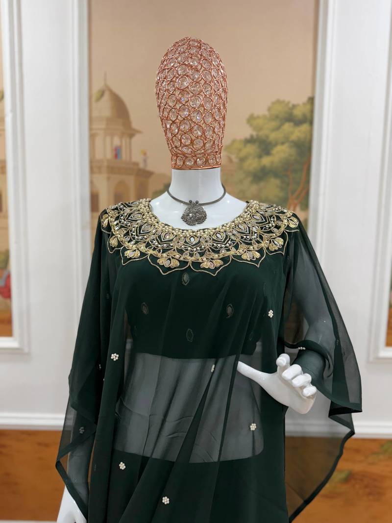 Dark Green Color Embroidery,Real Mirror & Pearls Work Faux Georgette Ready To Wear Saree