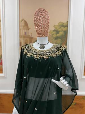 dark green embroidery,real mirror & pearls work faux georgette ready made saree 1