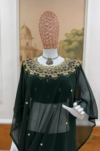 Dark Green Color Embroidery,Real Mirror & Pearls Work Faux Georgette Ready To Wear Saree