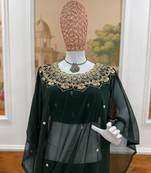 Dark Green Color Embroidery,Real Mirror & Pearls Work Faux Georgette Ready To Wear Saree