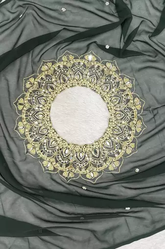 Dark Green Color Embroidery,Real Mirror & Pearls Work Faux Georgette Ready To Wear Saree