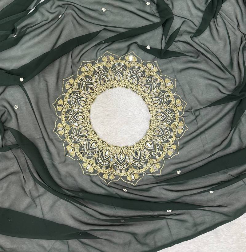 Dark Green Color Embroidery,Real Mirror & Pearls Work Faux Georgette Ready To Wear Saree