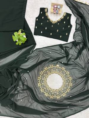 dark green embroidery,real mirror & pearls work faux georgette ready made saree 4