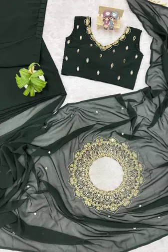 Dark Green Color Embroidery,Real Mirror & Pearls Work Faux Georgette Ready To Wear Saree