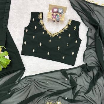 dark green embroidery,real mirror & pearls work faux georgette ready made saree 5