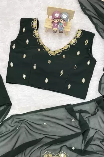 Dark Green Color Embroidery,Real Mirror & Pearls Work Faux Georgette Ready To Wear Saree