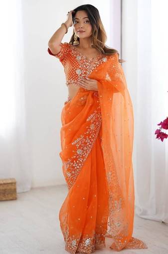 Orange color oregenza silk thread sequince embroidered work saree with blouse