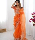 Orange color oregenza silk thread sequince embroidered work saree with blouse