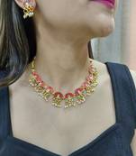 red meenakari lotus design necklace set with matching earrings