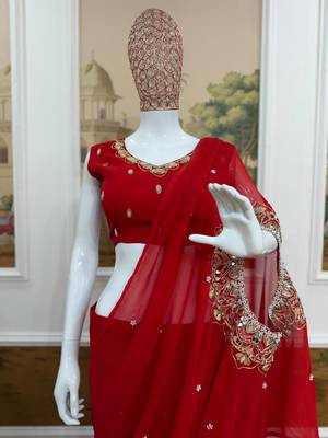red embroidery,real mirror & pearls work faux georgette ready to wear saree 2