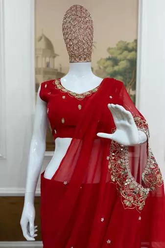 Red Color Embroidery,Real Mirror & Pearls Work Faux Georgette Ready To Wear Saree