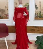 Red Color Embroidery,Real Mirror & Pearls Work Faux Georgette Ready To Wear Saree