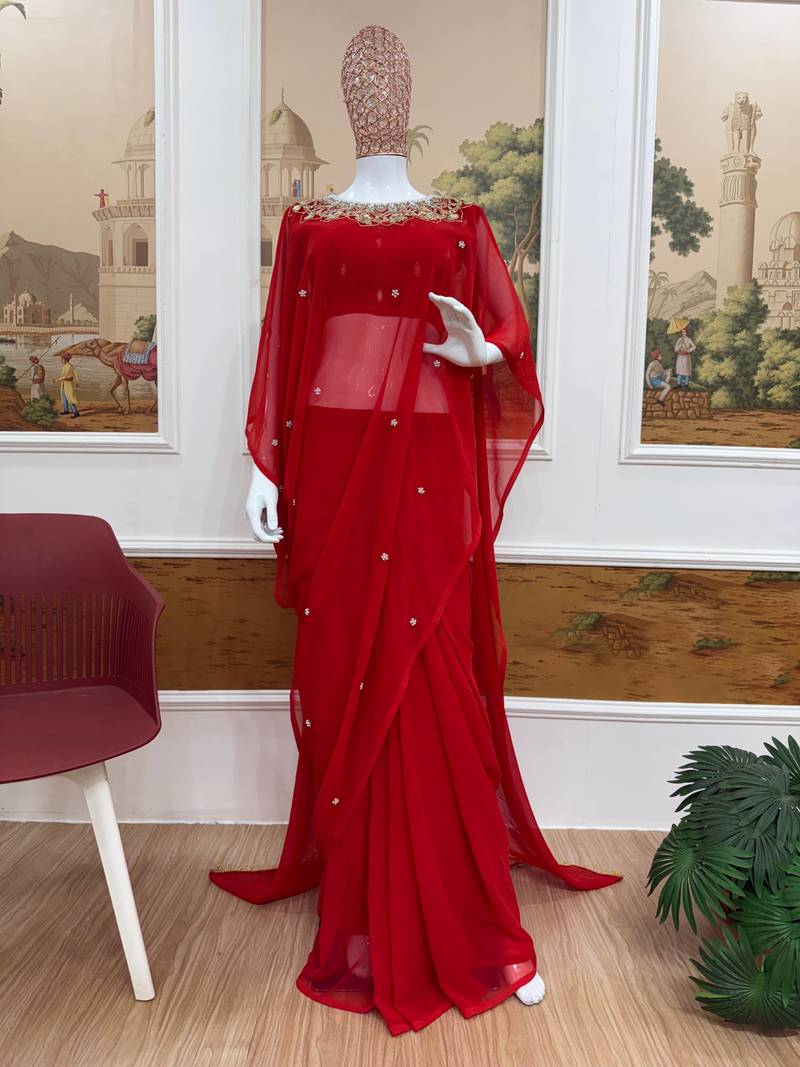 Red Color Embroidery,Real Mirror & Pearls Work Faux Georgette Ready To Wear Saree