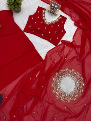 red embroidery,real mirror & pearls work faux georgette ready to wear saree 3