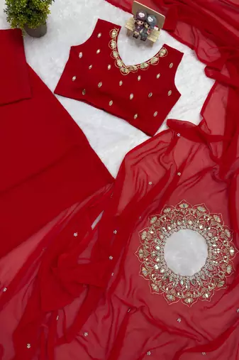 Red Color Embroidery,Real Mirror & Pearls Work Faux Georgette Ready To Wear Saree