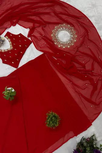 Red Color Embroidery,Real Mirror & Pearls Work Faux Georgette Ready To Wear Saree