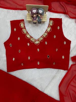 red embroidery,real mirror & pearls work faux georgette ready to wear saree 5