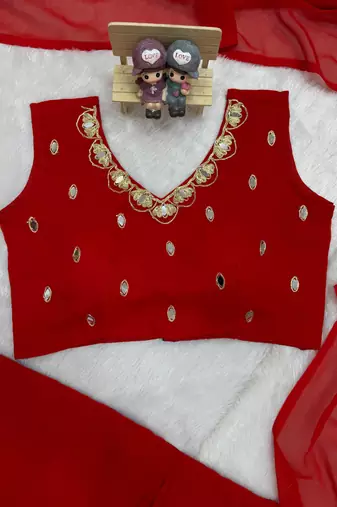 Red Color Embroidery,Real Mirror & Pearls Work Faux Georgette Ready To Wear Saree