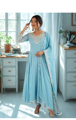 Blue Heavy Embroidery Rainbow Sequence with Moti Work Anarkali 3pc Set 1